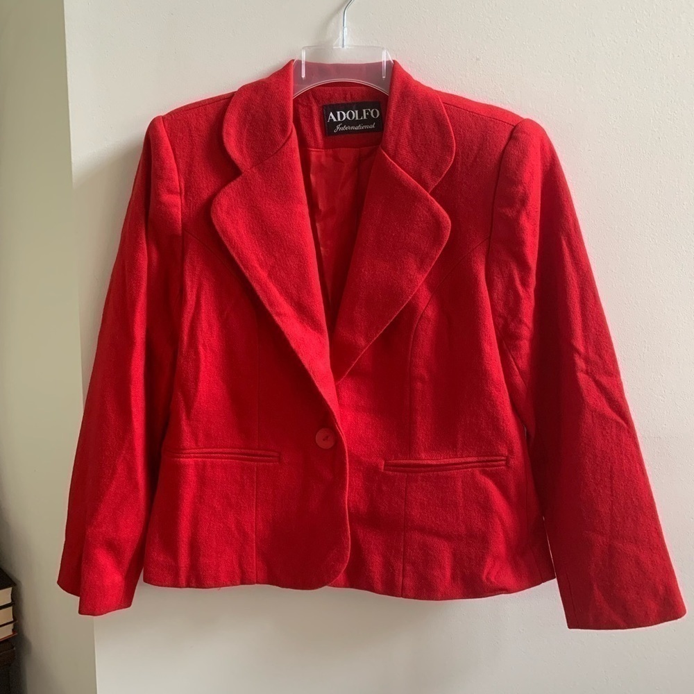 100% Pure New Wool Adolfo International Woolmark Red Box Blazer Woman's Size 2P